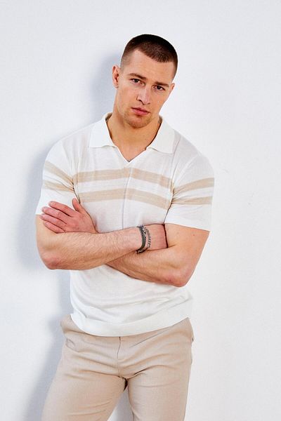 TENA Men's Ecru Apaş V-Neck Chest and Sleeve Striped Knitwear T-Shirt