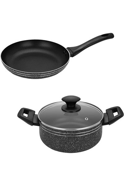 Auroware Non Stick Pack of 2 Frying Pan and Casserole with Lid Pressed Aluminium Dishwasher Safe