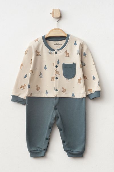 Aziz Bebe Baby Boy Deer Patterned Jumpsuit with Snap Fasteners 0 Month - 6 Months