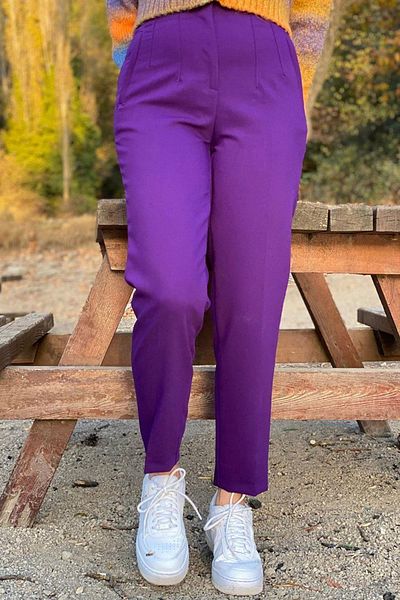 dk denemekabini Women's High Waist Pencil Carrot Fabric Trousers - Purple