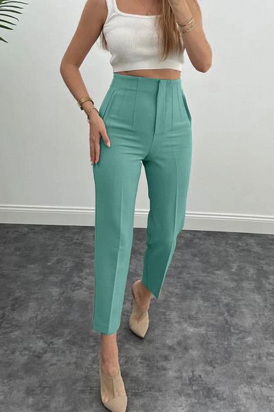 dk denemekabini Women's High Waist Pencil Carrot Fabric Trousers - Water Green
