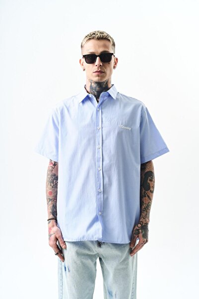 Respire Ανδρικό κεντημένο ριγέ πουκάμισο Oversize Baby Blue