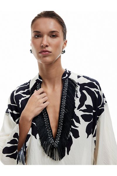 Koton Comfortable Fit Tasseled Mandarin Collar Short Sleeve Viscose Floral Tunic Dress