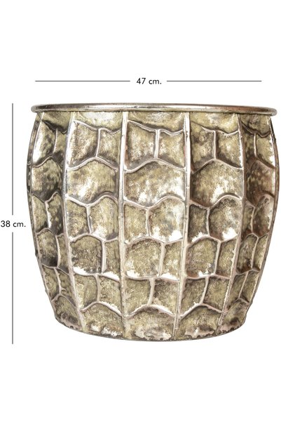 Herdekora Metal Çiçeklik Saksı, Kabartma Desenli, Gümüş Eskitme - 45x38,5 cm