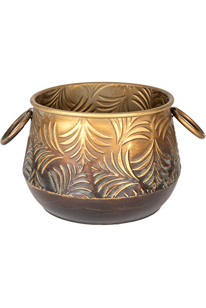 Herdekora Kabartma Yaprak Desenli Kulplu Metal Çiçeklik Saksı Altın Eskitme 27x18,5 Cm.