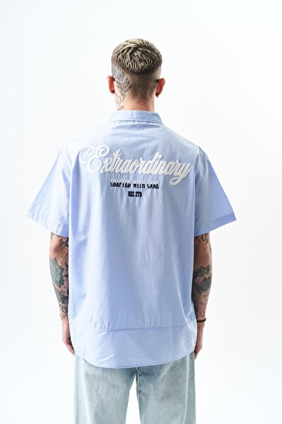 Respire Ανδρικό κεντημένο ριγέ πουκάμισο Oversize Baby Blue