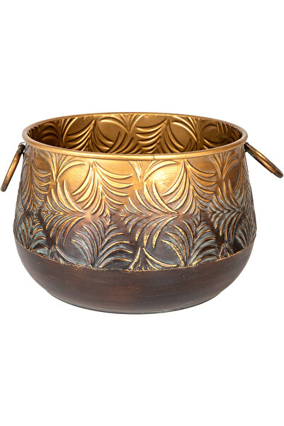 Herdekora Kabartma Yaprak Desenli Kulplu Metal Çiçeklik Saksı Altın Eskitme 3...