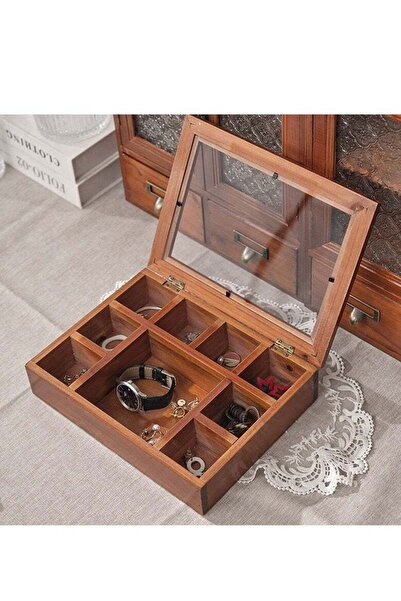 COOYA Wooden jewelry storage box,9 compartments,with clear acrylic cover,suitable for decoration,brown