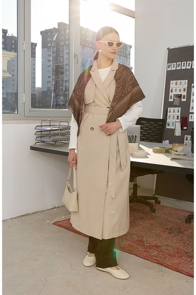 Fatma Atasoy Maxi Stone Trench Vest with Windbreaker
