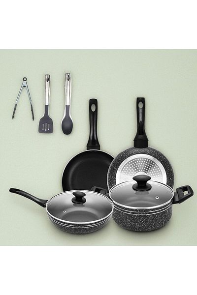 Auroware 9 Pcs Non Stick Cookware Set Induction Bottom Wokpan with Lid Casserole with Lid Frying Pan