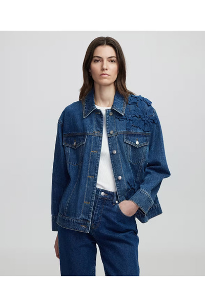 hasene Çiçek Aplikeli Denim Kadın Mont - İNDİGO
