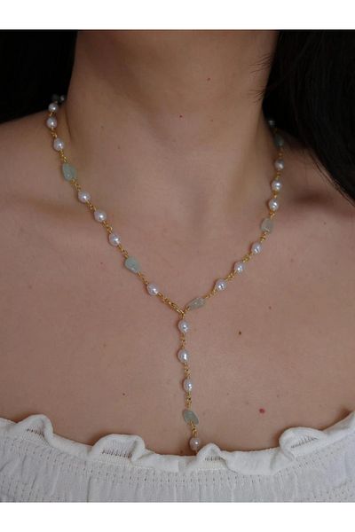 Reorah Collection White Shine Y Necklace-White Pearl with Blue Natural Stone Y Necklace