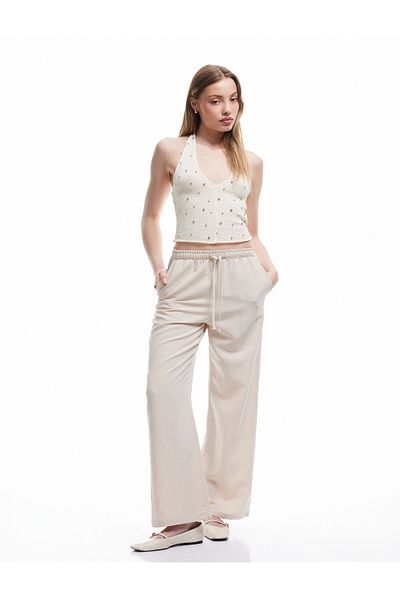 Koton High Waist Lace-Up Linen Blended Pocket Detailed Pants