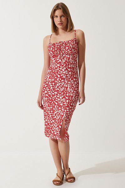 Lovelyİstanbul Floral Patterned Slit Summer Knitted Dress Red Lci0003