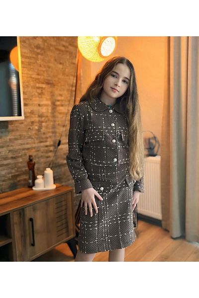 Hilal Akıncı Kids Комплект от 2 части за момичешко яке с копчета и декоративна пола с джобове в златисто