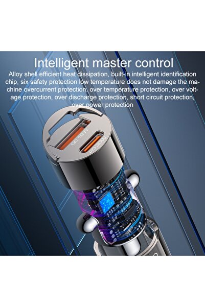 Yesido شاحن سيارة صغير Y68 PD30W Type-C + QC18W USB مصنوع من سبائك الزنك (رمادي معدني)