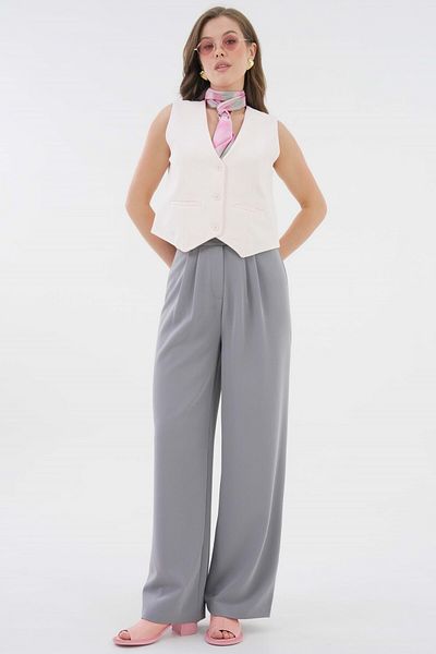 Saade Gray High Waist Velcro Closure Double Pleat Woven Palazzo Trousers