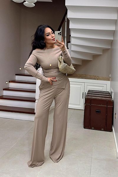 Butik Gardrop Draped Asymmetrical Cut Blouse Trousers Modal Suit Stone