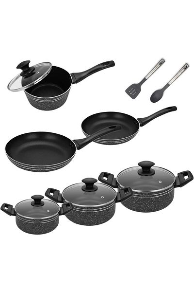 Auroware 12 Pcs Non Stick Kitchen Cookware Set, Frying pan, Casserole Lid, Sauce pan, Utensils