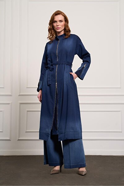 hasene Boydan Fermuar Kemerli Tasarım Denim Kap - LACİVERT