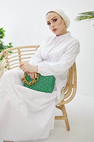 giyze Shirt Collar Buttoned Hijab Dress White 427