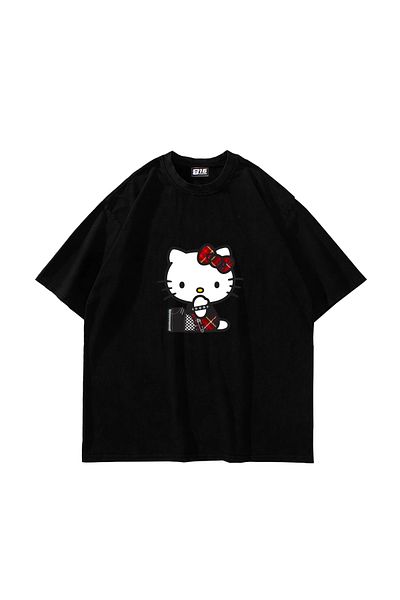 Sekizbiraltı Μαύρο μπλουζάκι Punk H. Kitty με στάμπα Oversize Unisex