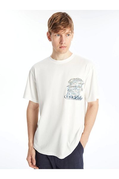 LC Waikiki Ανδρικό μπλουζάκι LCW Casual Ecru Crew λαιμόκοψη με κοντό μανίκι με στάμπα