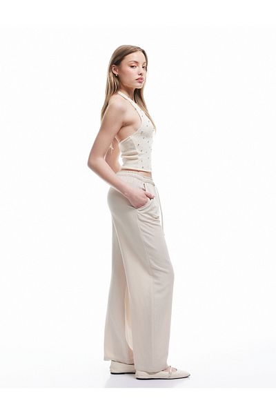 Koton High Waist Lace-Up Linen Blended Pocket Detailed Pants