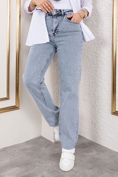 Tesettür Dünyası Pantaloni din denim cu talie înaltă cu tăieturi la picioare TSD 250120   Albastru deschis