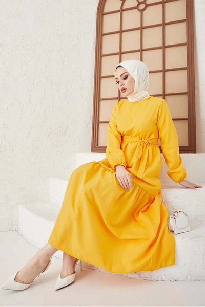 giyze Hijab Dress with Crew Neck Waist Belt Mustard 411