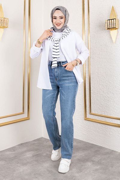 Tesettür Dünyası Pantaloni din denim cu talie înaltă cu tăieturi la picioare TSD 250120   Albastru închis