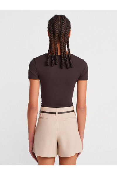 Dilvin 31704 Snap Button Short Sleeve Top-Dark Brown