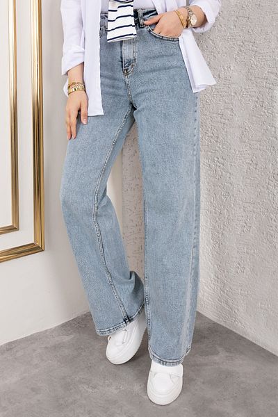 Tesettür Dünyası Pantaloni Palazzo Denim cu talie înaltă TSD 250119   Albastru deschis