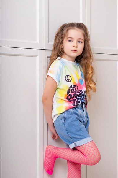 Hilal Akıncı Kids Girl's Colorful Sunshine Printed T-Shirt Denim Shorts Fishnet Socks Triple Set