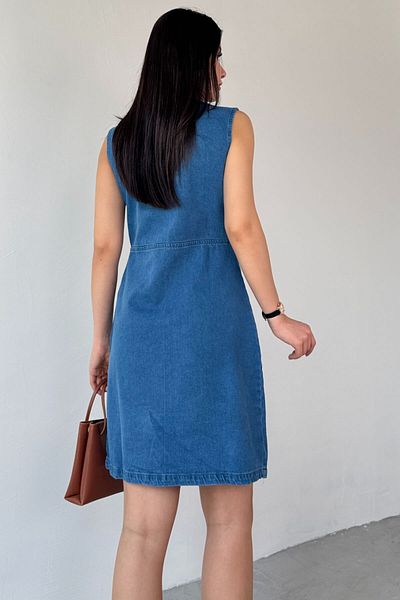 Cappmoda ELB-01754 Rochie albastră din denim cu nasturi cu decolteu în V