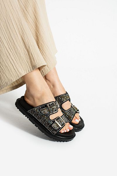 Moda Devrin Μαύρες παντόφλες με διπλή πόρπη από πέτρα ανατομική άνετη σόλα