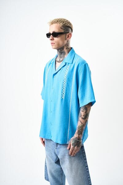 Respire Men's Zigzag Embroidered Oversize Linen Shirt Blue