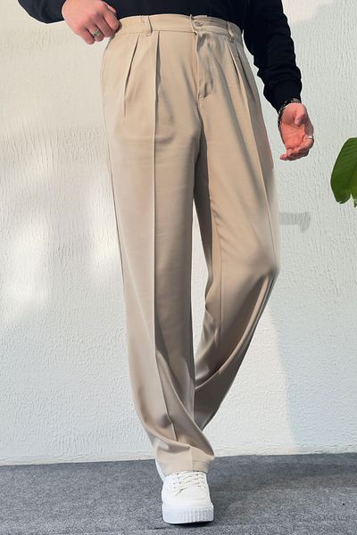 BayAygün Bayaygun Beige 600 Pleated Mold Fabric Trousers