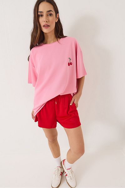 Bianco Lucci Women's Cherry Embroidery Crew Neck Oversize T-Shirt