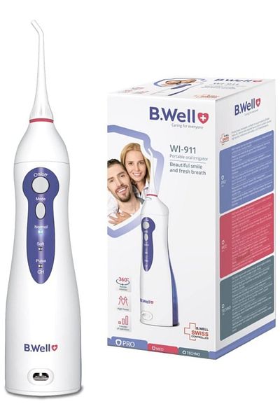 B Well جهاز تنظيف الأسنان بالماء المحمول WI-911 من B.Well بثلاثة أوضاع مع رأسين للمستخدم وشاحن بطارية ليثيوم أيون