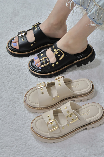 asmi shoes Women's Beige Double Tape Capsule Detailed Thick Sole Orthopedic Slippers