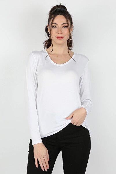 BALİNS Kadın Viskon Uzun Kollu Tişört Beyaz