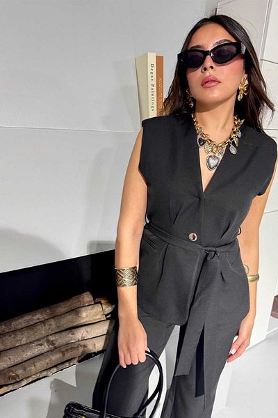 Sohotique By P Black Crepe Fabric Suit with Vest