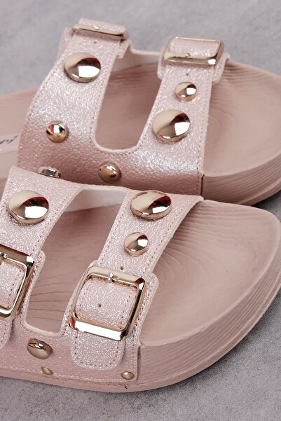 Lal Shoes & Bags Esta Γυναικείες Παντόφλες με Διπλό Στρογγυλό Μεταλλικό Λεπτομέρεια-Πούδρα