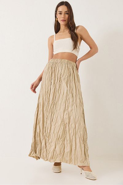 Bianco Lucci Women's Elastic Waist Crush Effect Long Skirt 60283112