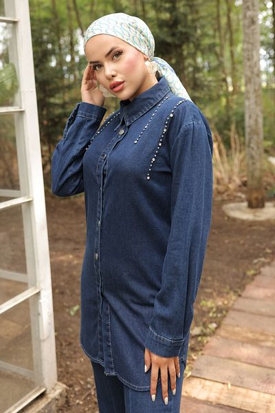 giyze Denim Suit with Slits and Stone Detail Navy Blue 370-1