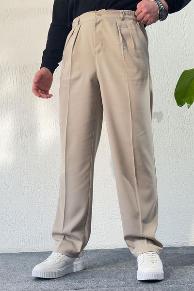 BayAygün Bayaygun Beige 600 Pleated Mold Fabric Trousers