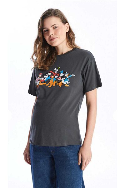 LC Waikiki Tricou de maternitate cu mânecă scurtă cu imprimeu Mickey și prietenii LCWAIKIKI, antracit, cu decolteu