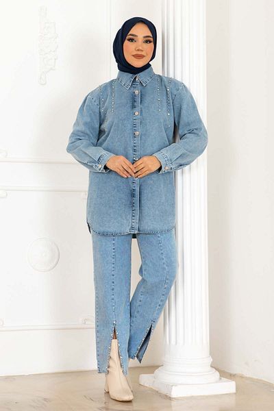 giyze Stone Detailed Jeans Suit with Slit on the Leg Blue 370-1