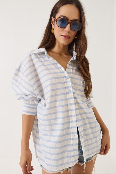 Bianco Lucci Women's V-Neck Striped Single Pocket Detailed Oversize Cotton Shirt 8212-3 60283054